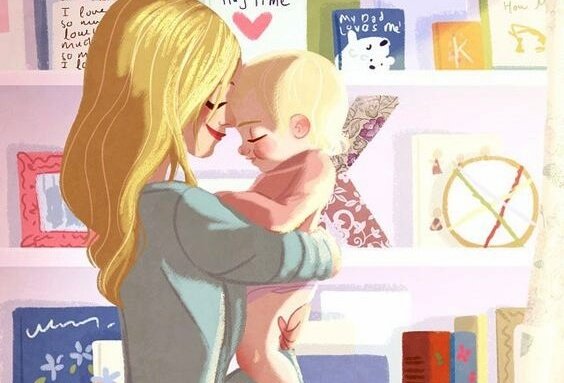 tegning av mor som holder babyen