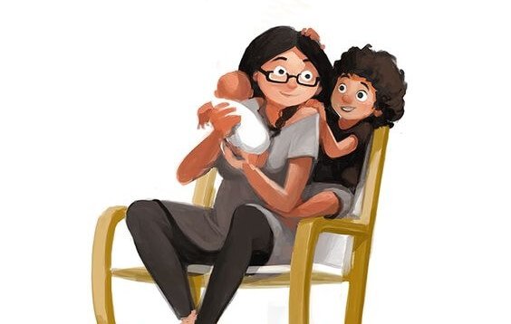 tegning av mamma med to barn