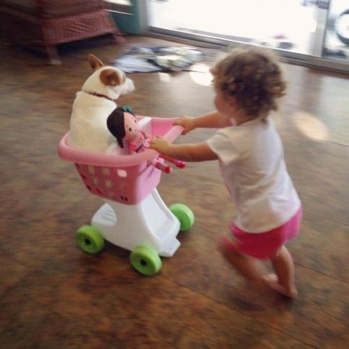 Småbarn leker med kjæledyr