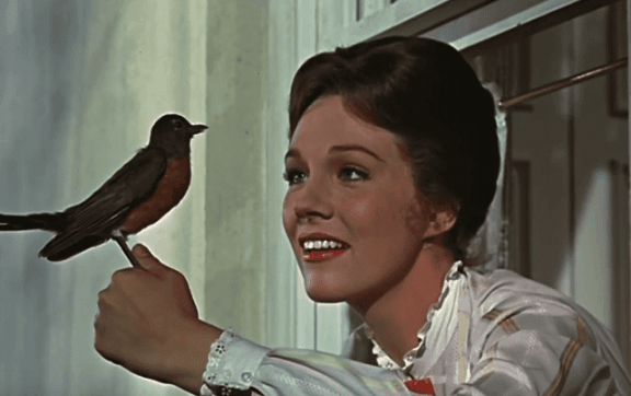 Mary Poppins med fugl. 