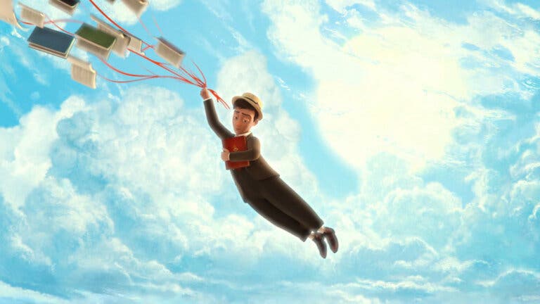 En mann som flyr med bøker