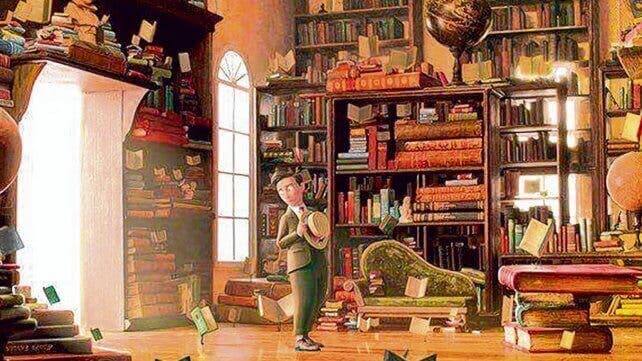 En scene fra kortfilmen om flygende bøker